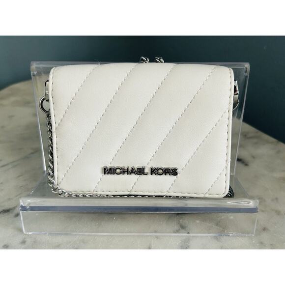 Michael Kors Mini Purse White Leather Chain Bag Quilted Prom Wedding Coin MK - Picture 1 of 16